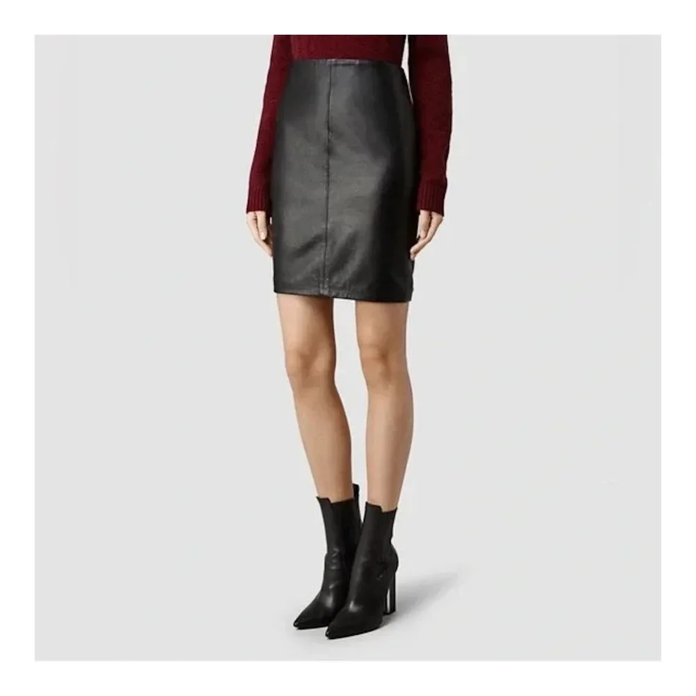 AllSaints Black Leather Pencil Skirt with Back Zip